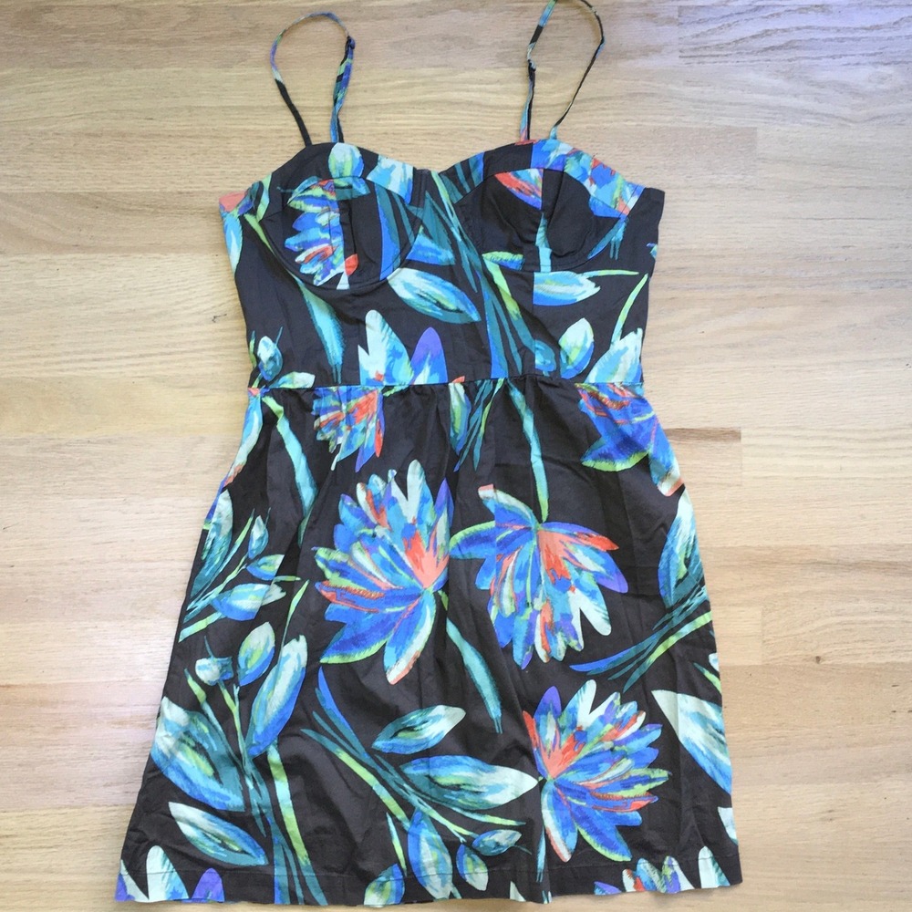 LC Lauren Conrad Tropical Floral Bustier Mini Dress Brown Blue Size 14